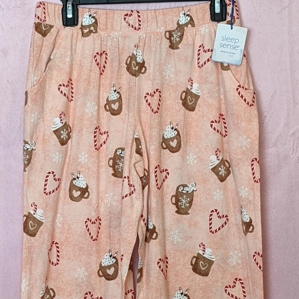 Sleep Sense Pink Candy Canes and Hot Cocoa Pajama Pants with Pockets size Small